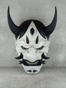 Traditional Hannya Mask - Black and White with Cracked Pattern, Black Hair, Horns and Fangs