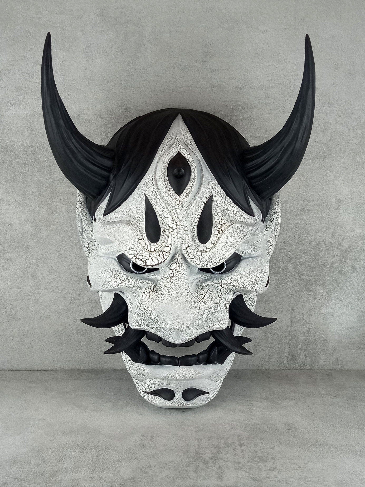 Traditional Hannya Mask - Black and White with Cracked Pattern, Black Hair, Horns and Fangs