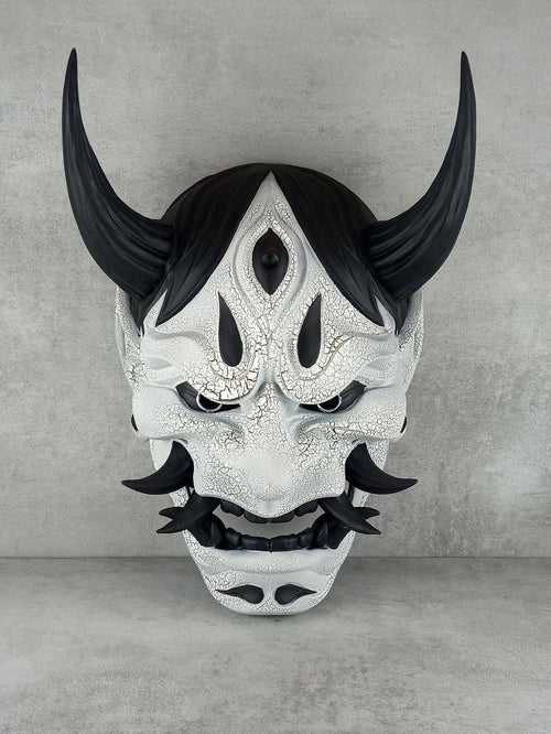 Traditional Hannya Mask - Black and White with Cracked Pattern, Black Hair, Horns and Fangs