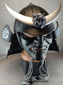 Samurai Kabuto Helmet – Black with Silver Crescent and Oni Tiger Crest | With Half-Mask or Full Somen