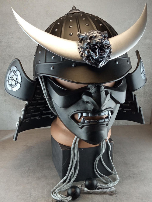 Samurai Kabuto Helmet – Black with Silver Crescent and Oni Tiger Crest | With Half-Mask or Full Somen