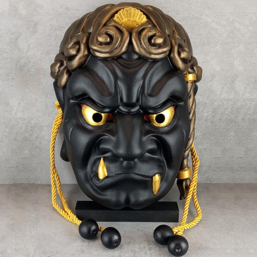 Wearable Traditional Japanese Fudo Demon Mask – Black with Gold Fangs