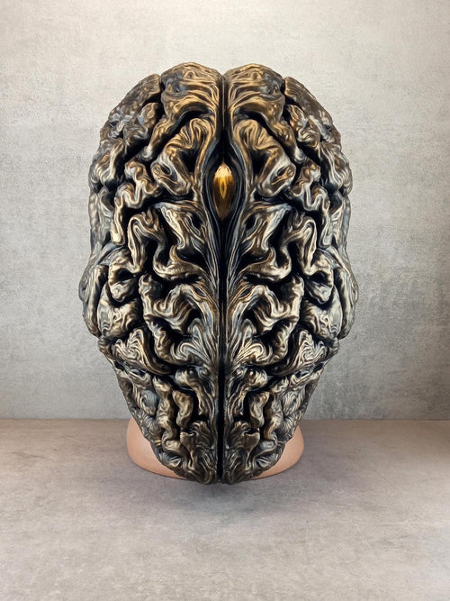 Bronze Brain Mask with Golden Eye – Surreal Anatomical Art Mask for Cosplay & Decor