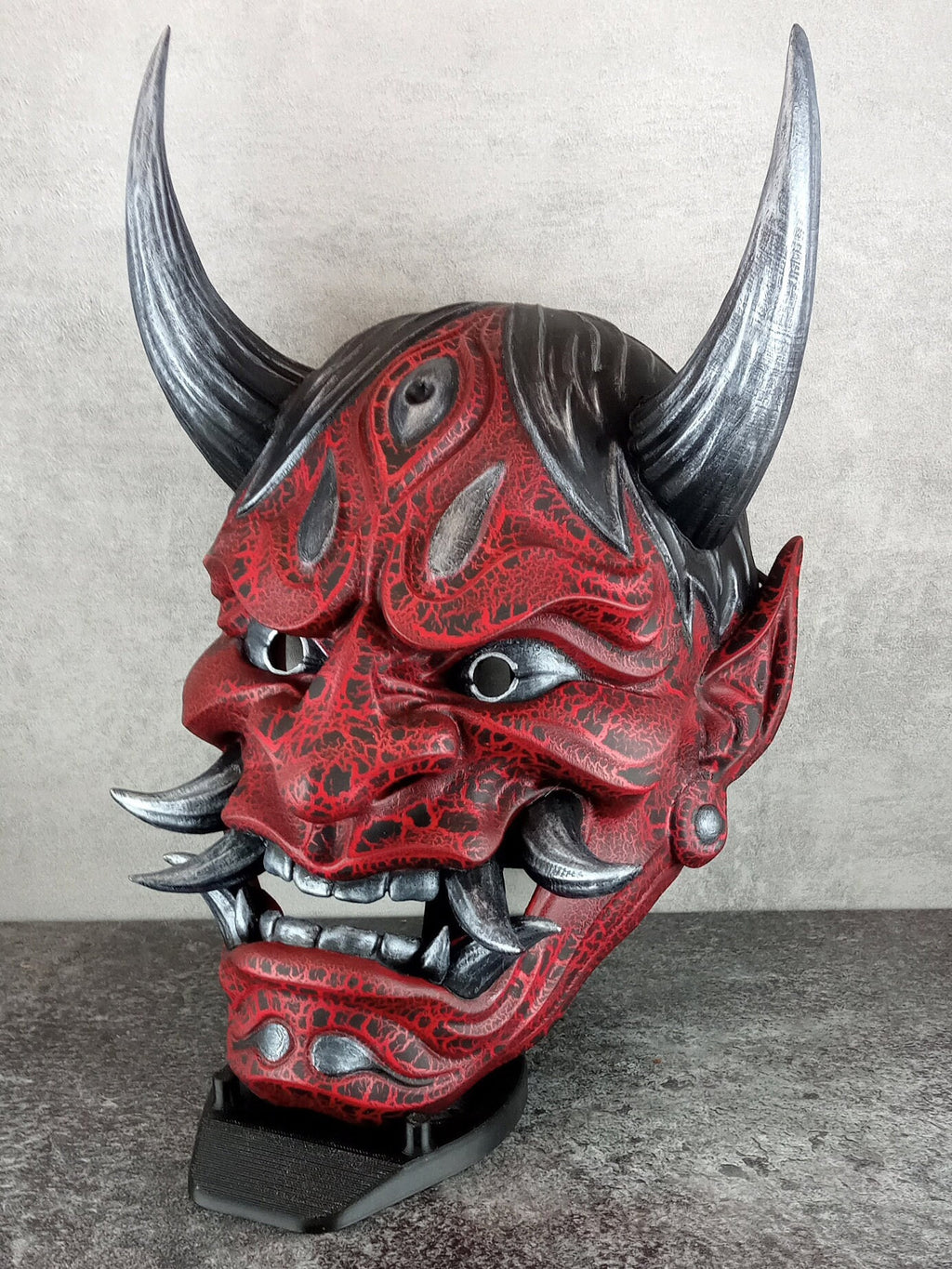 Red Hannya Mask with Cracks – Silver Horns & Fangs