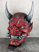 Red Hannya Mask with Cracks – Silver Horns & Fangs