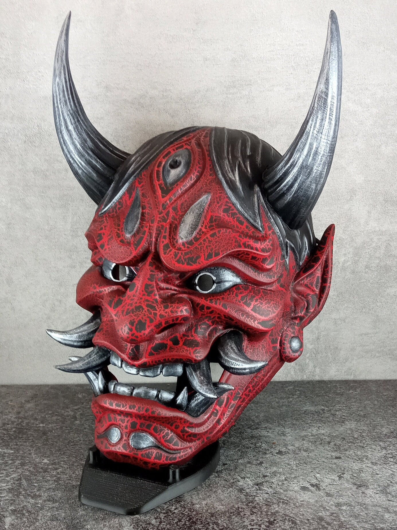 Red Hannya Mask with Cracks – Silver Horns & Fangs
