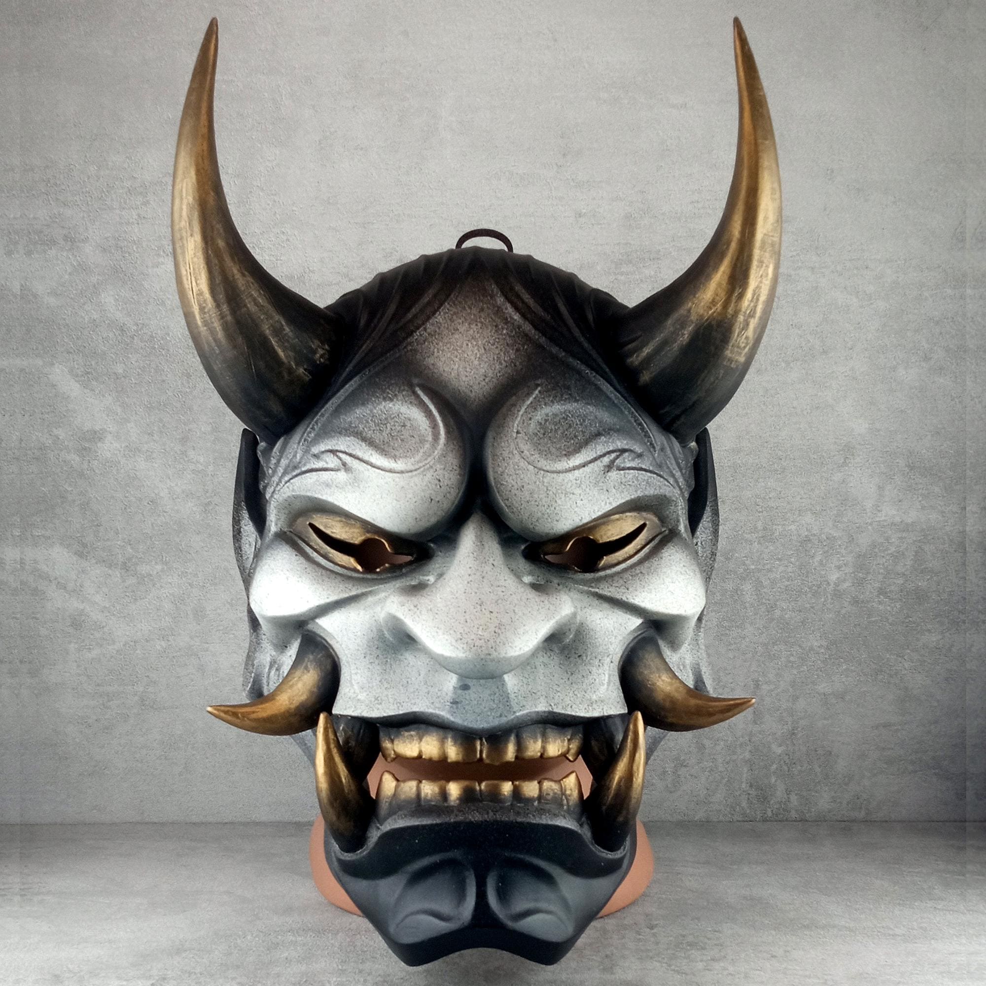 Traditional Japanese Hannya Mask – Gray &amp; Black with Aged Gold Details