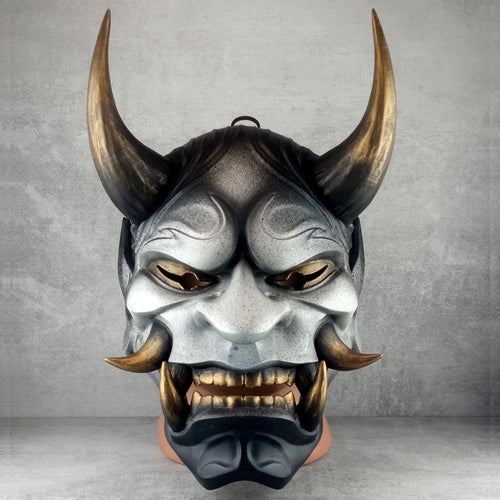 Traditionelle japanische Hannya-Maske, graue und schwarze Samurai-Maske, tragbare Maske, Kabuki-Dämonenmaske, Oni-Maske, Wanddekoration Oni-Maske mit Seil