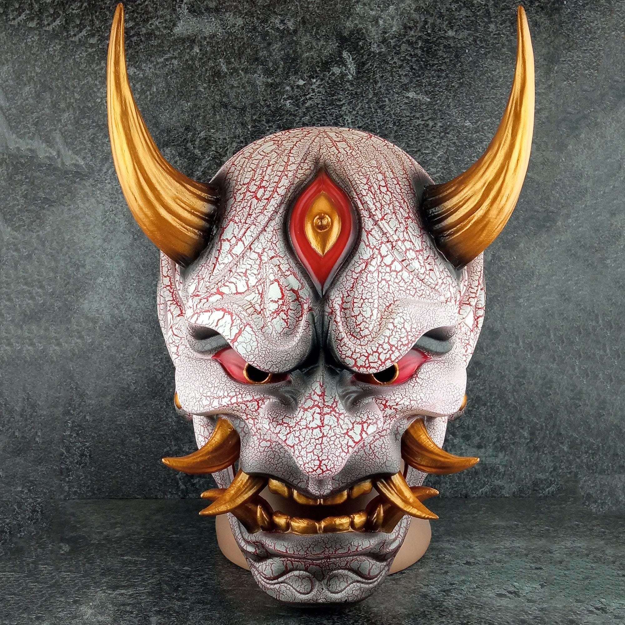Traditional Japanese Hannya Mask – Red &amp; White Cracked Demon Vampire Style