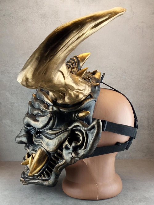 Unique Oni Demon Mask with Large Bronze Horns – Handmade Japanese-Inspired Collectible