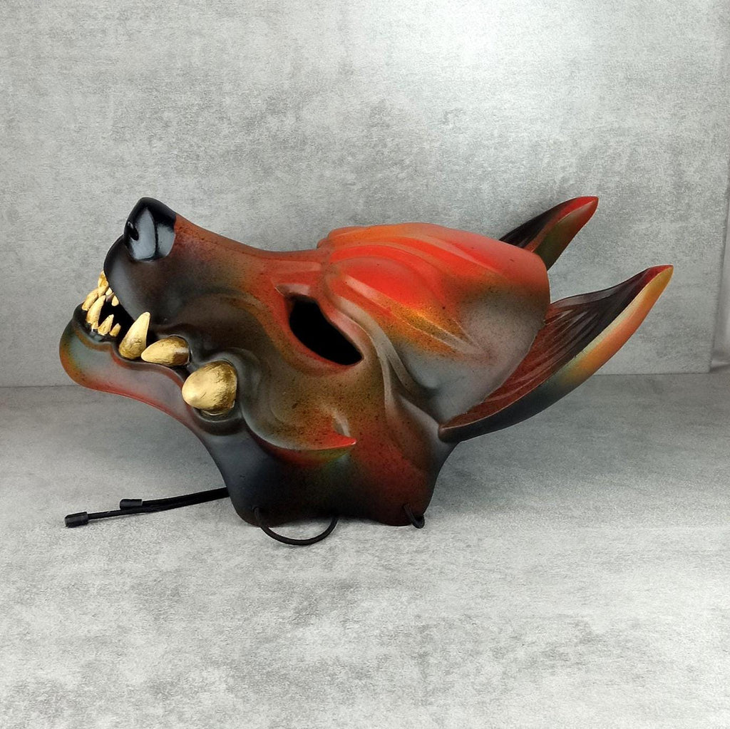 Fuchsgeistmaske – Rostgrauer Kitsune (Okami) mit natürlichen Reißzähnen