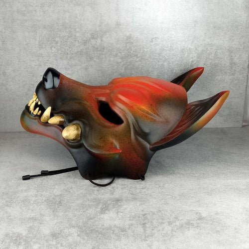 Fox Spirit Mask – Rust-Grey Kitsune (Okami) with Natural Fangs