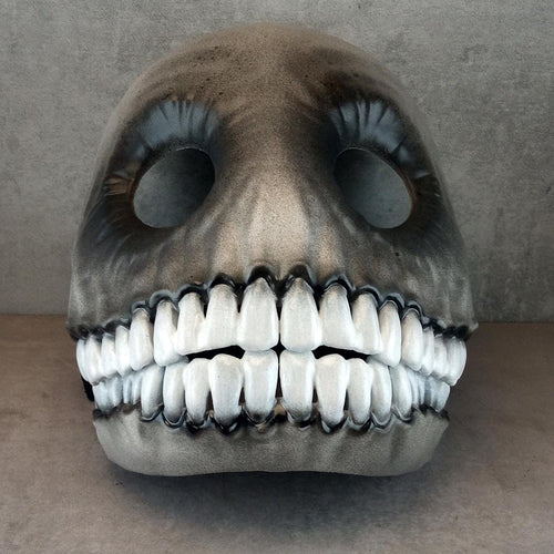Creepy Grey and Black Smiley Face Mask with Big White-Toothed Grin – Horror Costume Accessory