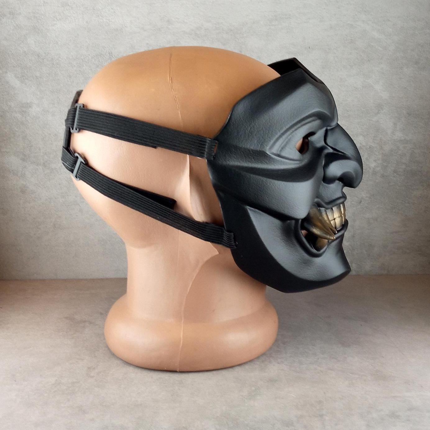 Black Samurai Somen Mask with Bronze Fangs – Japanese Warrior Armor Mask