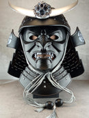 Samurai Kabuto Helmet – Black with Silver Crescent and Oni Tiger Crest | With Half-Mask or Full Somen