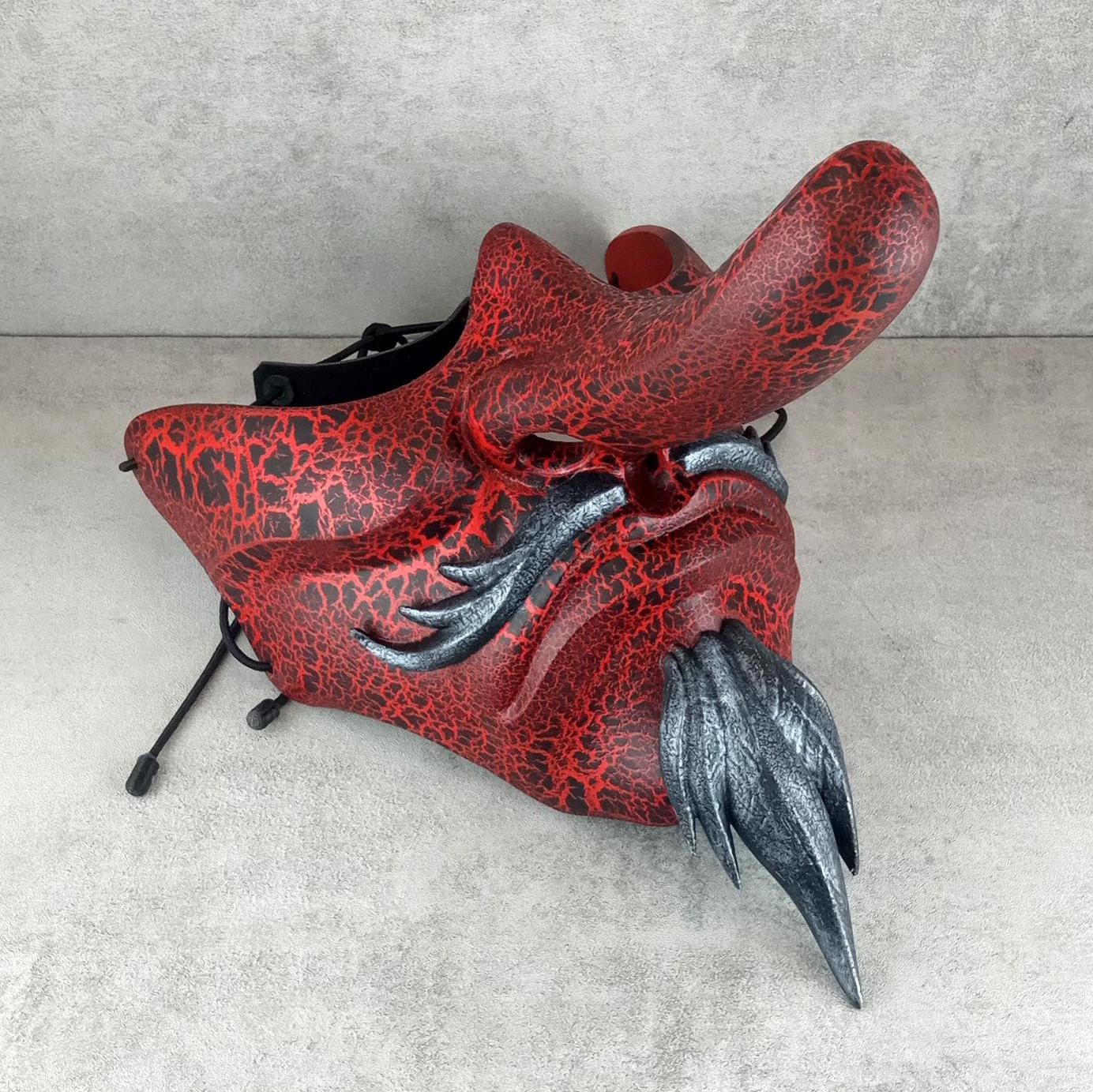 Traditional Japanese Tengu Half Mask – Red with Cracks, Silver Beard &amp; Mustache