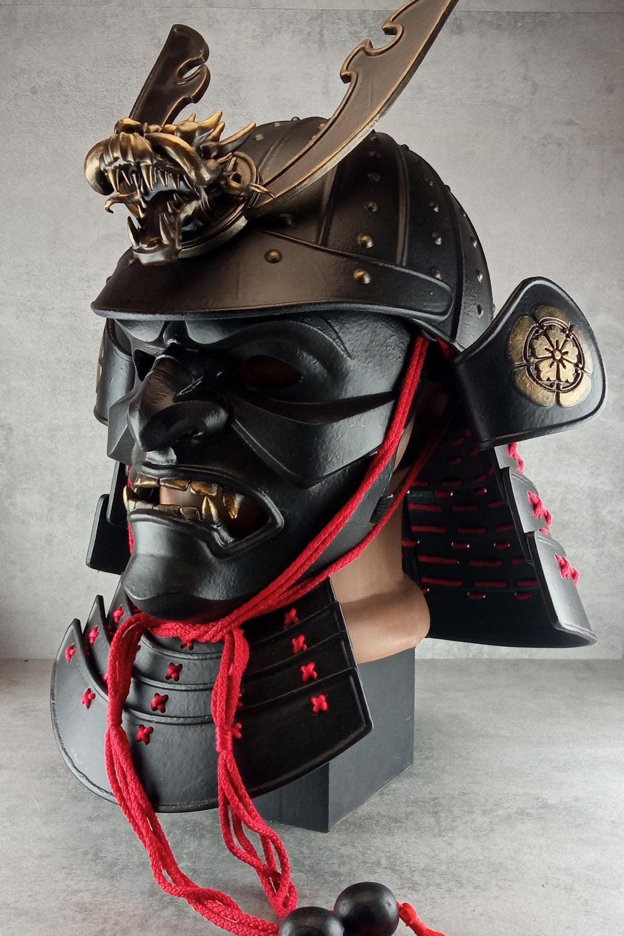 Samurai Kabuto Helmet – Black with Bronze Dragon Crest and Red Cord, with Menpo or Somen Face Mask