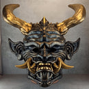 Unique Oni Demon Mask with Large Bronze Horns – Handmade Japanese-Inspired Collectible