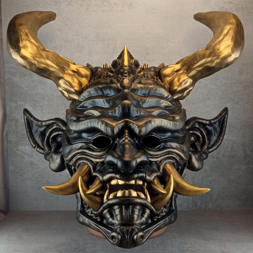 Unique Oni Demon Mask with Large Bronze Horns – Handmade Japanese-Inspired Collectible