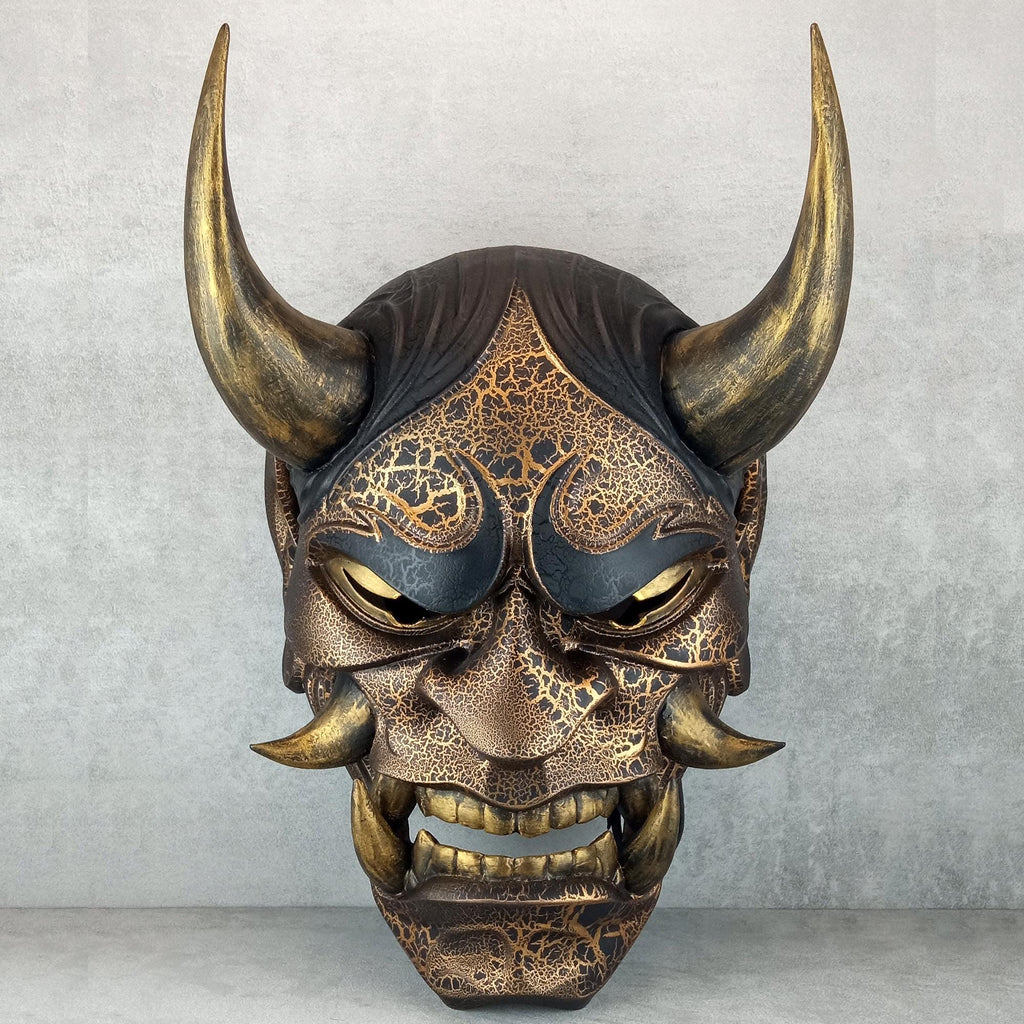 Black and Gold Cracked Traditional Hannya Mask with Large Black Eyebrows