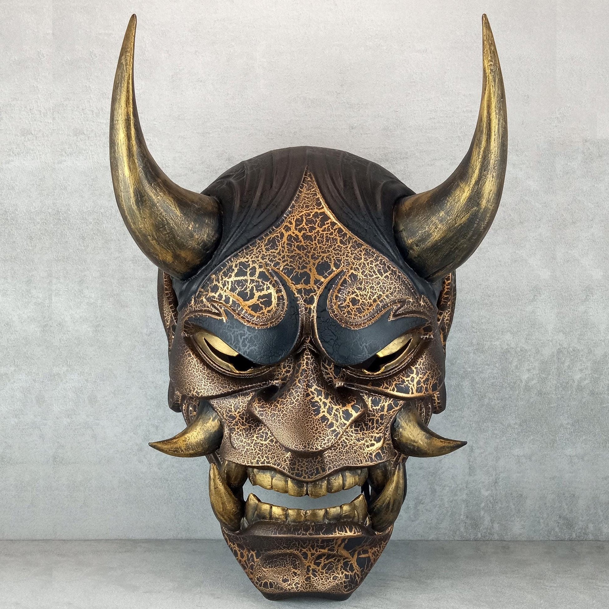 Black and Gold Cracked Traditional Hannya Mask with Large Black Eyebrows