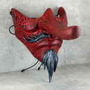 Traditional Japanese Tengu Half Mask – Red with Cracks, Silver Beard &amp; Mustache