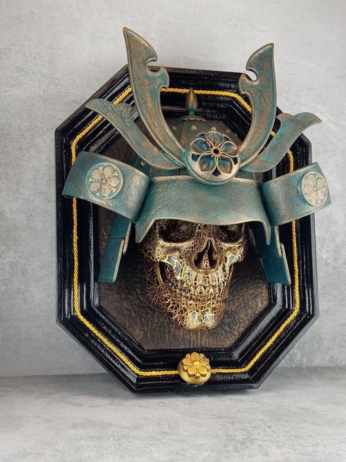 3D Gold Cracked Samurai Skull with Patinated Helmet