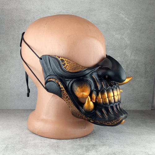 Wearable Samurai Half Mask – Black &amp; Gold with Cracks and Large Golden Fangs