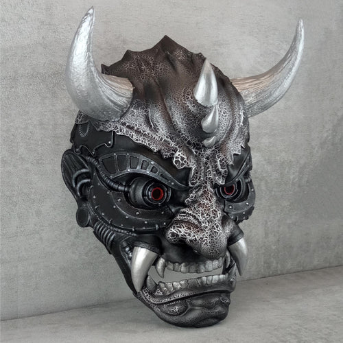 Exclusive Cyber Oni Demon Mask – Black &amp; Silver Cracked Design