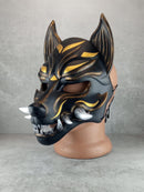 Traditional Japanese Kitsune (Okami) Wearable Mask – Black with Gold Design
