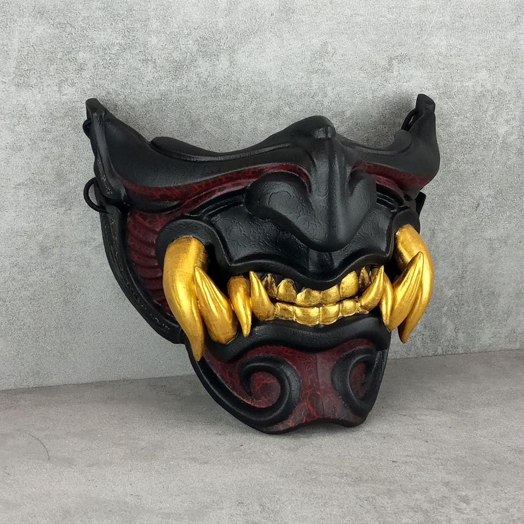 Schwarze Samurai-Maske mit goldenen und roten Rissen, traditionelle japanische Hannya-Maske, tragbare Maske, Kabuki-Dämonenmaske, Oni-Maske, Wanddekoration
