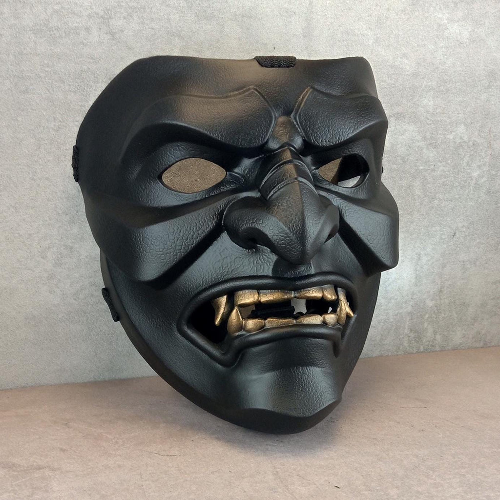 Black Samurai Somen Mask with Bronze Fangs – Handmade Warrior Face Armor
