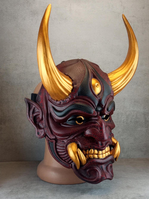 Traditional Japanese Hannya Mask – Cherry Red with Cracks, Large Golden Horns, Fangs & Eyes