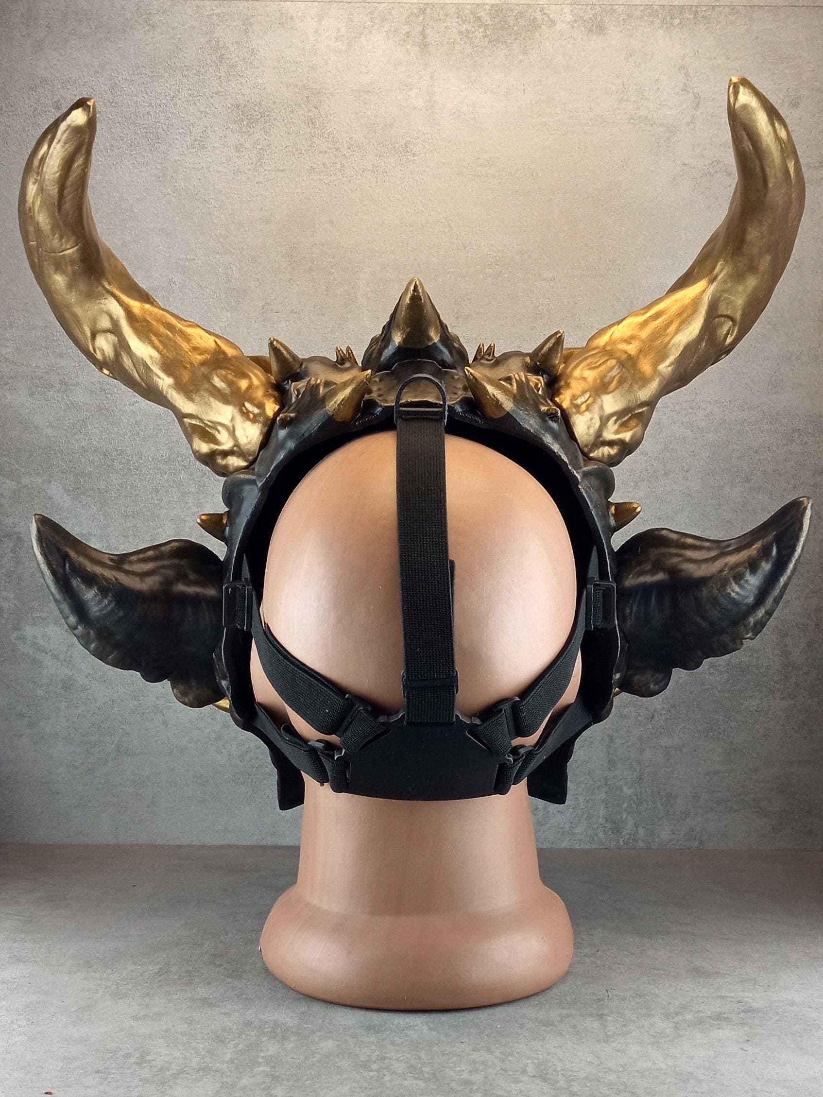 Unique Oni Demon Mask with Large Bronze Horns – Handmade Japanese-Inspired Collectible