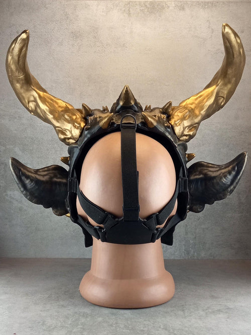 Unique Oni Demon Mask with Large Bronze Horns – Handmade Japanese-Inspired Collectible