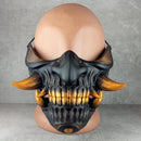 Wearable Samurai Half Mask – Black &amp; Gold with Cracks and Large Golden Fangs