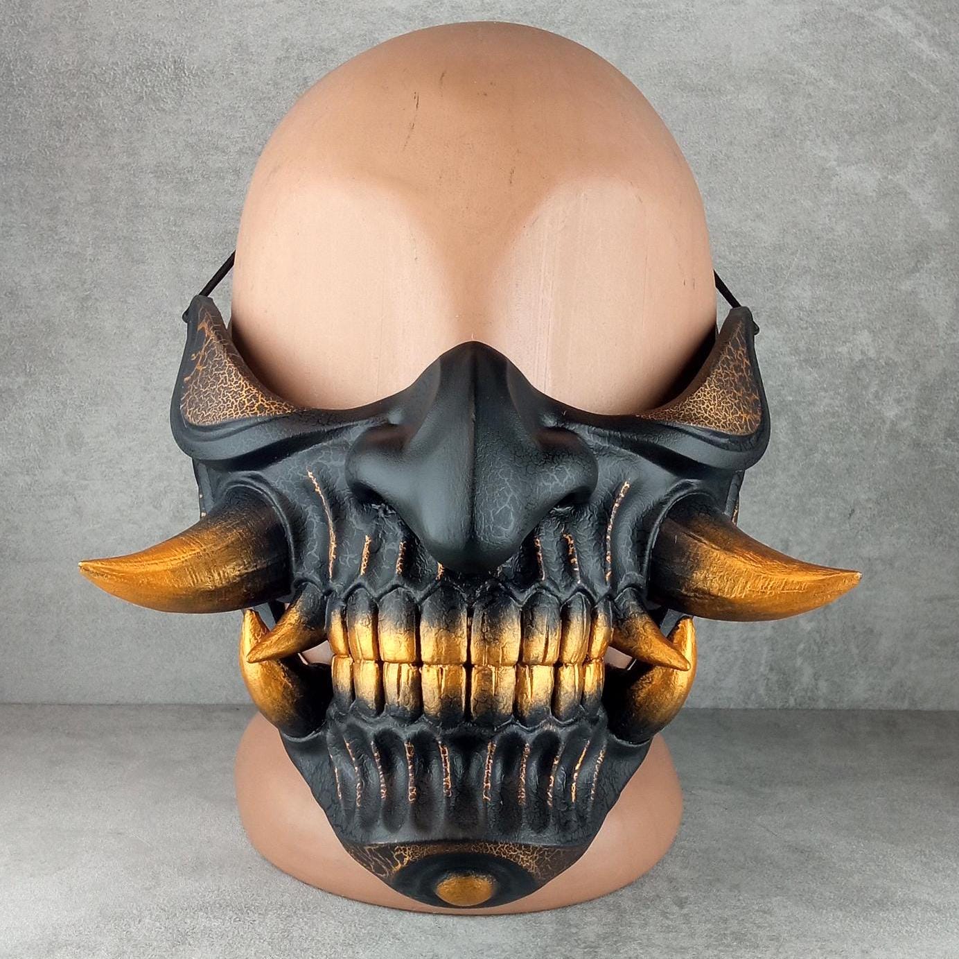 Wearable Samurai Half Mask – Black &amp; Gold with Cracks and Large Golden Fangs