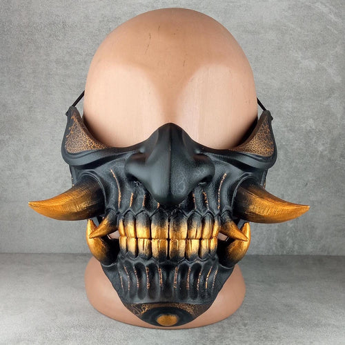 Wearable Samurai Half Mask – Black &amp; Gold with Cracks and Large Golden Fangs
