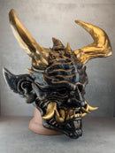 Unique Oni Demon Mask with Large Bronze Horns – Handmade Japanese-Inspired Collectible