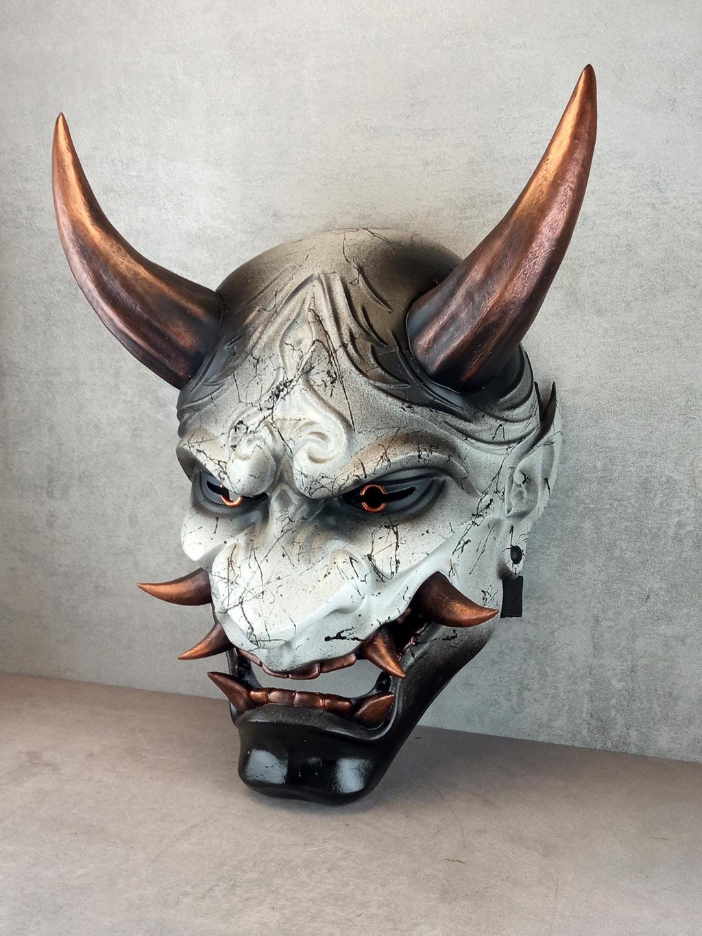 Hannya Demon Mask 'Copper Mountain Spirit' – Gray with Black Marble Veins, Glossy Black Chin, Copper Horns & Fangs