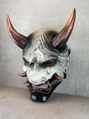 Hannya Demon Mask 'Copper Mountain Spirit' – Gray with Black Marble Veins, Glossy Black Chin, Copper Horns & Fangs