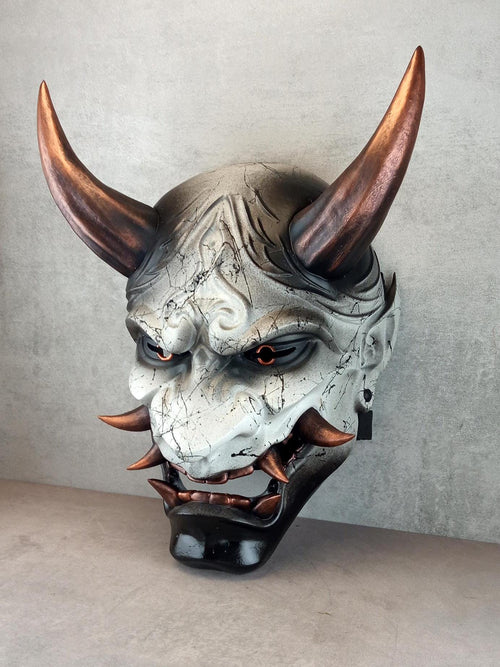 Hannya Demon Mask 'Copper Mountain Spirit' – Gray with Black Marble Veins, Glossy Black Chin, Copper Horns & Fangs