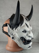 Traditional Hannya Mask - Black and White with Cracked Pattern, Black Hair, Horns and Fangs