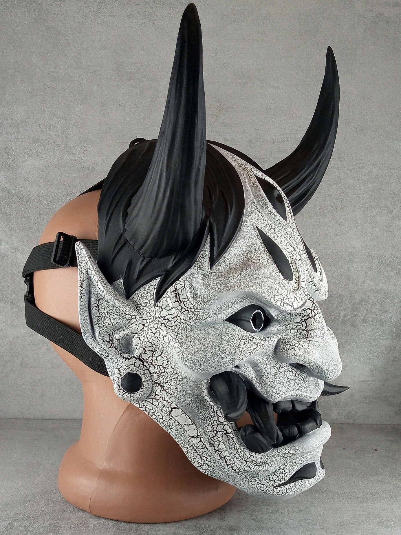 Traditional Hannya Mask - Black and White with Cracked Pattern, Black Hair, Horns and Fangs