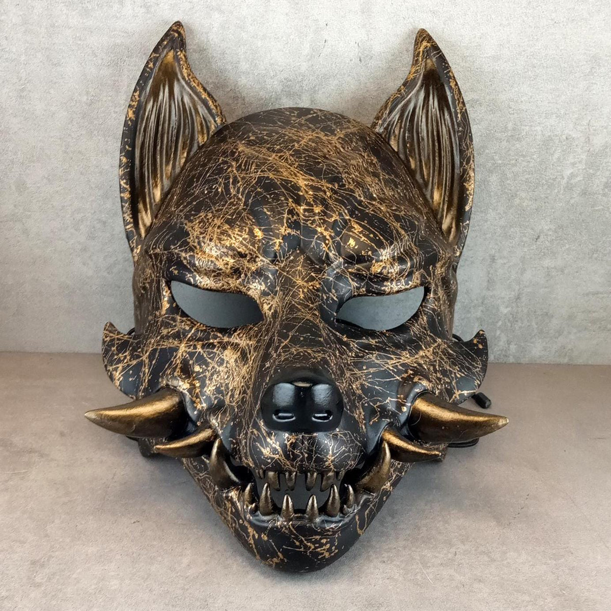 Golden Marble Kitsune (Ōkami) Mask with Gold Fangs – Handmade Japanese Fox Spirit Mask