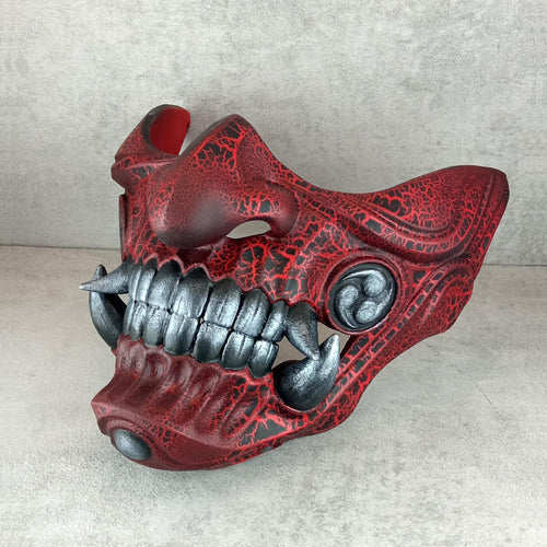 Red Cracked Samurai Mask with Silver Fangs  ,Samurai Wearable Half Mask ,Mampo mask