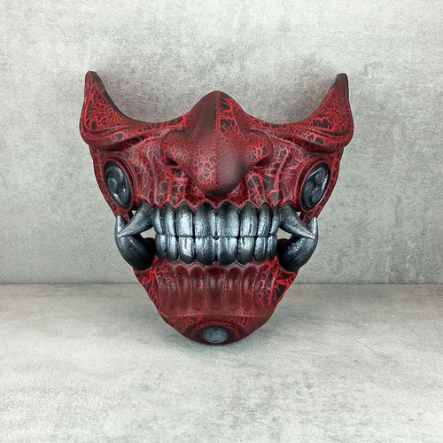 Red Cracked Samurai Mask with Silver Fangs  ,Samurai Wearable Half Mask ,Mampo mask