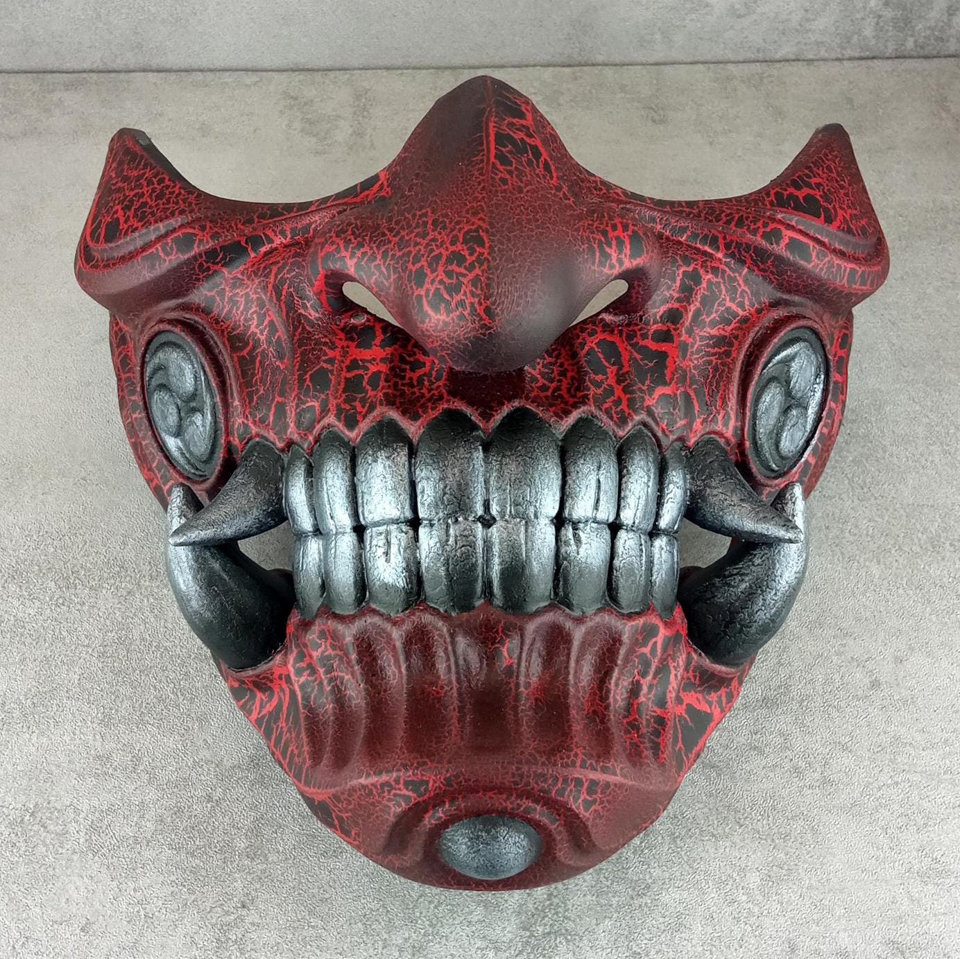 Red Cracked Samurai Mask with Silver Fangs  ,Samurai Wearable Half Mask ,Mampo mask