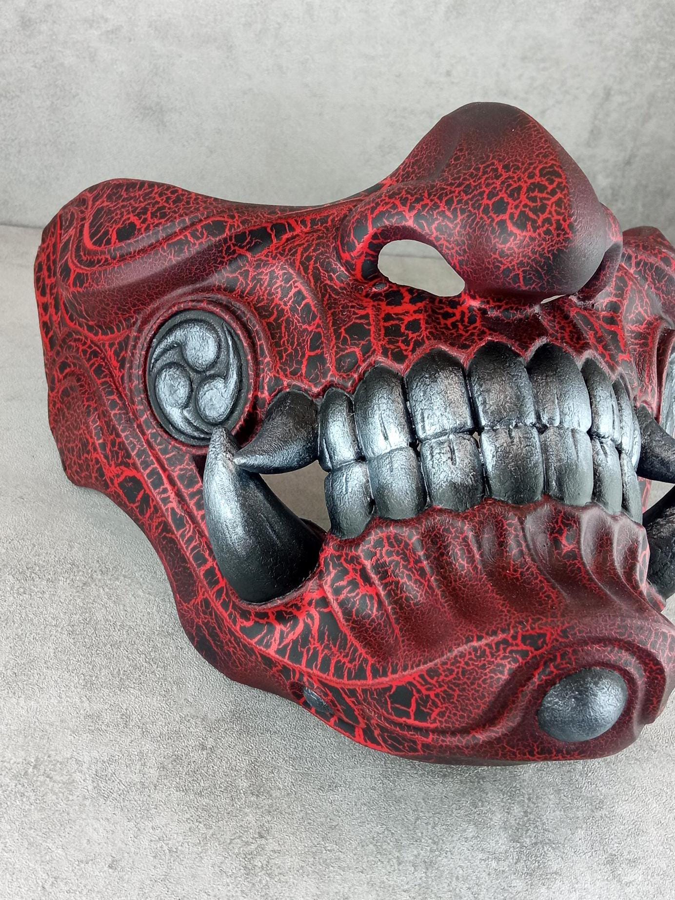 Red Cracked Samurai Mask with Silver Fangs  ,Samurai Wearable Half Mask ,Mampo mask