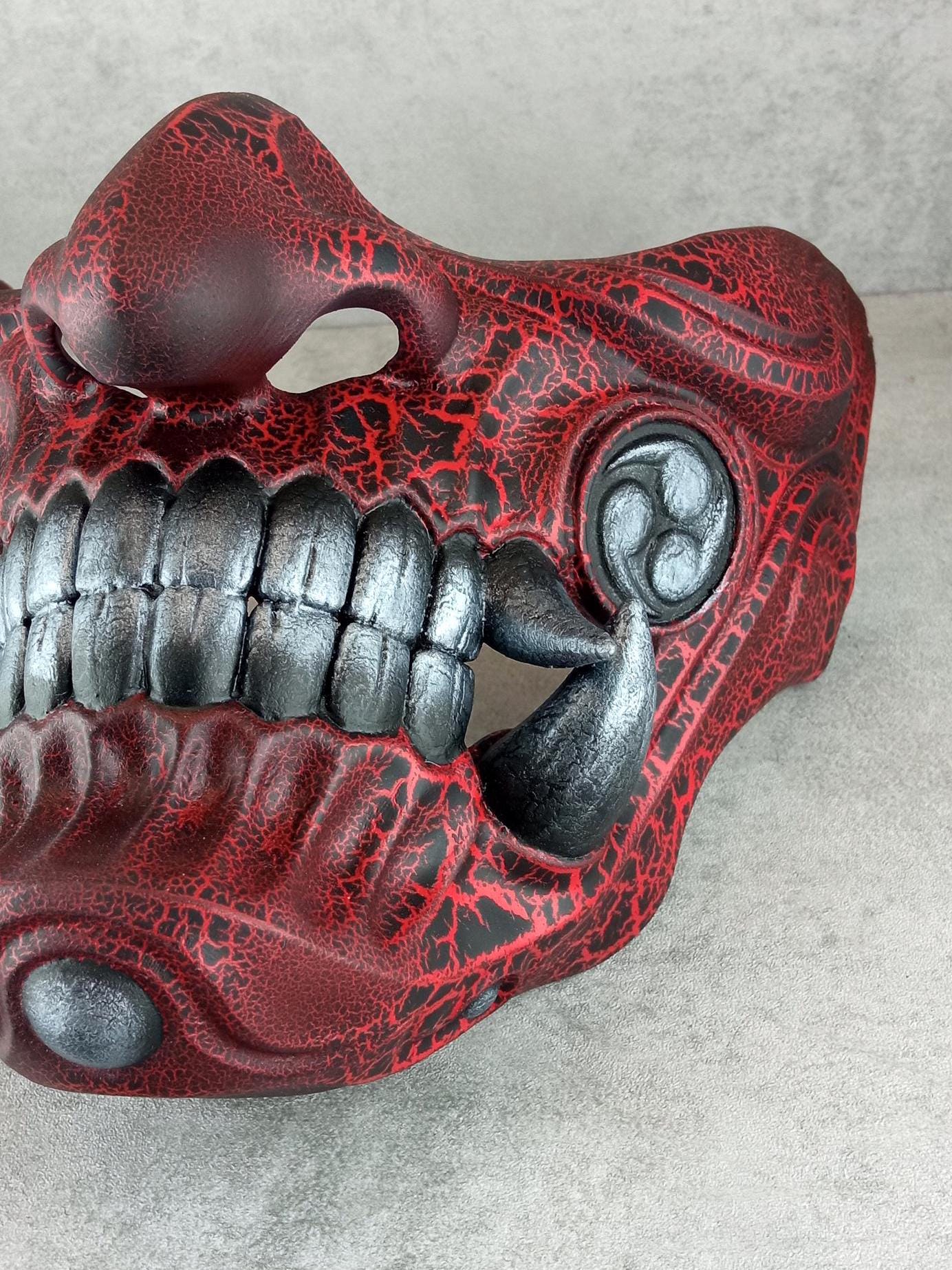 Red Cracked Samurai Mask with Silver Fangs  ,Samurai Wearable Half Mask ,Mampo mask